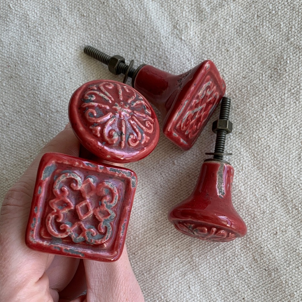 Home | Lot of 4 Faux-Vintage Red Glazed Distressed Ceramic Knobs with Fasteners